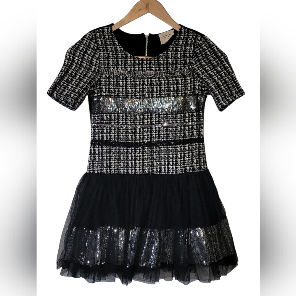 Hannah Banana Tweed Wool Blend Dress Black White Sequined Sz 14 Girl XS Womens